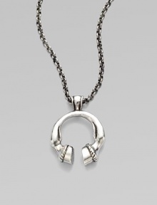An unique design with a U-shaped horse hoof pendant on a link chain. SilvertoneLength, about 30Pendant size, about 1½Slip-on styleMade in USA An unique design with a U-shaped horse hoof pendant on a link chain. SilvertoneLength, about 30Pendant size, about 1½Slip-on styleMade in USA