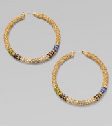 Richly textured hoops set with a stunning spectrum of colored glass stones.GlassBrassDiameter, about 1¾Post backImported
