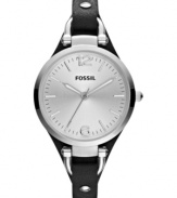A thin leather strap holds a steel case on this unique Georgia collection watch by Fossil.