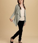A light slubbed knit with a hint of sparkle in a graceful cascade-front style .Draped cascade collar and open frontLong sleeves85% polyester/11% metallic/4% spandexHand washMade in USA