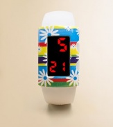 This delightful concept offers a smart, solid color digital watch paired with a splashy bezel cover that snaps on to change the look in an instant.Interchangeable flower coverBold pushbutton LED display with time, date and minutesLightweightWater-resistantSilicone strapPlastic case and coverSmall size: Children under 12Medium size: Children 12 and upImported