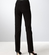 The slim-fit and a clean, black wash is a wardrobe staple, rendered in a soft, comfortable stretch cotton. Designed with exclusive crisscross panel to flatten your tummy and lifts your behind. Front zipper with button closure. Banded waist and belt loops. Finished with contrast topstitched detail.