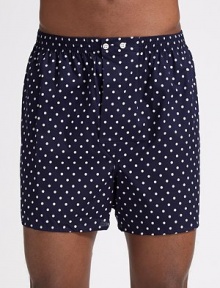 A men's essential in softly mercerized, polka-dotted cotton. Rear panel seat construction adds a longer life. Elastic waist Adjustable button closure Open fly Inseam, about 4 Cotton; machine wash Imported