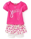 Add fashionably whimsy to your little lady's casual wardrobe with a Juicy logo tee, skirt and legging set. A cheerful cherry print adds a pop to the tiered skirt.