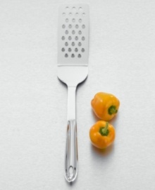 No home gourmet kitchen is complete without a range of serving utensils and cooking tools. This stainless steel turner flips pancakes, grilled sandwiches and more neatly and efficiently while slots allow fats and oils to drain away from food. Hand-forged in 18/10 stainless steel with an ergonomic design, All-Clad cooking tools are dishwasher safe. Not recommended for use with nonstick cookware. Carries All-Clad's 1-year warranty against defects. No home gourmet kitchen is complete without a range of serving utensils and cooking tools. This stainless steel turner flips pancakes, grilled sandwiches and more neatly and efficiently while slots allow fats and oils to drain away from food. Hand-forged in 18/10 stainless steel with an ergonomic design, All-Clad cooking tools are dishwasher safe. Not recommended for use with nonstick cookware. Carries All-Clad's 1-year warranty against defects.