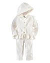 The sweet, cozy velour ensemble features a pretty ruffled hoodie with gold-tone RL-embossed buttons and a warm athletic-style pant.