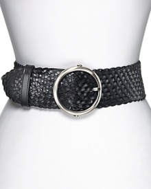 Cole Haan's wide braided belt is in their signature artisan weave with smooth black leather keeper and stitched border. Cole Haan's wide braided belt is in their signature artisan weave with smooth black leather keeper and stitched border.