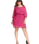 Looking cute is a cinch with Trixx's three-quarter-sleeve plus size dress, accentuated by a blouson waist.