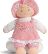 Gund My First Dolly plush doll. A squeezably soft plush dolly that's wearing a cute jumper and matching hat. Embroidered with My First Dolly on front. Pillow not included.