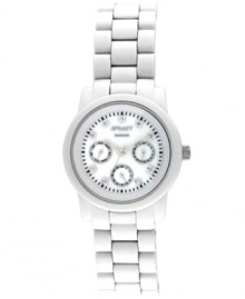 White hot...and green to boot. Sprout's eco-friendly watch looks good and does good at the same time. White corn resin bracelet and round case with mineral crystal lens. White mother-of-pearl dial features nine diamond accent markers, three subdials, silvertone hour and minute hands, sweeping second hand and logo. Quartz movement. Limited lifetime warranty. White hot...and green to boot. Sprout's eco-friendly watch looks good and does good at the same time. White corn resin bracelet and round case with mineral crystal lens. White mother-of-pearl dial features nine diamond accent markers, three subdials, silvertone hour and minute hands, sweeping second hand and logo. Quartz movement. Limited lifetime warranty.
