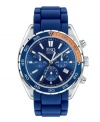 A traditional sport profile gets a punch of energy from bold color. Watch by ESQ by Movado crafted of blue silicone bracelet and round stainless steel case with blue and orange aluminum bezel. Blue chronograph dial features applied silver tone stick indices, minute track, date window at four o'clock, three subdials, luminous hands and logo. Quartz movement. Water resistant to 30 meters. Two-year limited warranty.