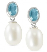 Understated elegance. These earrings, crafted from sterling silver with a rhodium finish, embrace elegance with faceted blue topaz (1 ct. t.w.) and cultured freshwater pearls (8-8-1/2 mm). Approximate drop length: 3/4 inch. Approximate drop width: 1/3 inch.