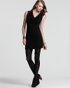 This Three Dots draped neckline dress is ready for the fête with dazzling sequin shoulders and a figure-skimming silhouette.