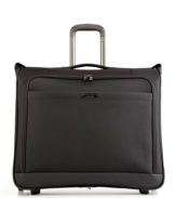 Indulge in the luxury of travel-a sleek garment bag takes your wardrobe on the go, making it easy to show up in style & enjoy all of the comforts of home wherever you are in the world. A spacious interior houses a shoe pocket, shirt pocket and an expandable construction that glides along smoothly & hassle-free on four spinner wheels.