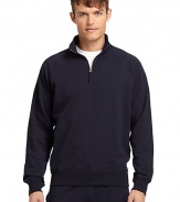 THE LOOKFrench terry designRibbed stand collarQuarter-zip closureLong ribbed cuff sleevesRibbed hemTHE MATERIALCotton/spandexCARE & ORIGINMachine washImported