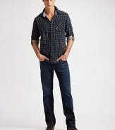 It might look like a simple shirt but this rich plaid has a complementary gingham lining, adding interest and a little extra weight, plus pockets with rich leather trim. Spread collar Button patch chest pockets Front button placket Angled front slash pockets with leather trim Long sleeves with button cuffs and roll-up tabs Cotton Machine wash Imported