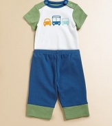 Get your little one moving in this handsome three-piece set with automobile printed bodysuit, matching pants and hat.Crewneck with shoulder snapsShort sleevesBottom snapsElastic waistbandElastic waistbandCottonMachine washImported Please note: Number of snaps may vary depending on size ordered. 
