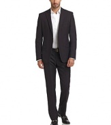 JACKETContrasting chevron designNotch lapelTwo-button front closureLong button cuff sleevesChest welt pocketContoured seams through the waistFront flap pocketsDouble vented back hemFully linedAbout 29 from shoulder to hemPANTSContrasting chevron designBanded waist with belt loopsFront zip with button closureFlat frontSide seam pocketsBack dartsBack button welt pocketsUnfinished hemPartially linedLeg openings