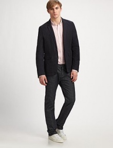 Lightweight, structured blazer with a casual sensibility, in a modern-fitting silhouette.ButtonfrontChest welt, waist flap pocketsAbout 28 from shoulder to hemCottonDry cleanImported Lightweight, structured blazer with a casual sensibility, in a modern-fitting silhouette.ButtonfrontChest welt, waist flap pocketsAbout 28 from shoulder to hemCottonDry cleanImported