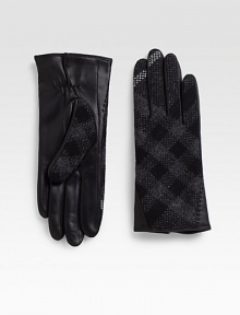 Cold weather essential revamped with buttery soft leather palms and classic check in tweed on top. About 9 long Cashmere lining Palm; leather, outer; wool Imported Cold weather essential revamped with buttery soft leather palms and classic check in tweed on top. About 9 long Cashmere lining Palm; leather, outer; wool Imported