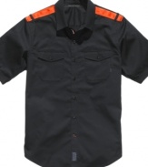 Contrasting opinions of cool. This military-inspired shirt from Sean John blasts some bold color into your regular casual style.