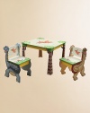 A delightful activity or snack table for little dinosaur lovers, this set has captivating dinosaur-shaped chair sides and legs, tree-trunk table legs and charming hand-painted motifs everywhere.Hand-carved and hand-paintedDurable MDF wood constructionIncludes table and two chairsTable: 28L X 28W X 12HChairs: 17.5W X 11.5D X 21.25HImportedRecommended for ages 3 and up Please note: Some assembly required. 