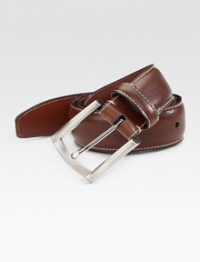 EXCLUSIVELY OURS. Shrunken calfskin leather is finely constructed with contrast stitching and a satin nickel buckle. About 1½ wide Made in USA 