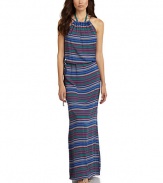 THE LOOKStripe print, alloverString tie at neckCinched waist with drawstring tie closureTHE FITAbout 61 from shoulder to hemTHE MATERIALViscoseCARE & ORIGINHand washImported