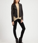 Ultra-soft leather in a city-cool, motorcycle silhouette with zippered sleeves and a cropped back hem. Notched collarFront zipperLong sleeves with back zippersSlash pocketsAbout 23 from shoulder to hemLambskin leatherDry clean with leather specialistMade in USA of Italian fabricModel shown is 5'10 (177cm) wearing US size Small.