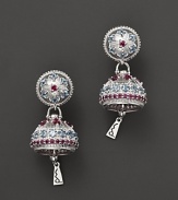 Inspired by Zen philosophy, these earrings from Paul Morelli gleam with intricately detailed sterling silver meditation bells, set with pink rhodolite and blue topaz.