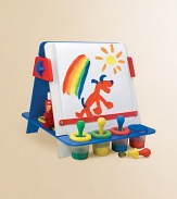 Double-sided easel has chalkboard on one side and wipe-off board on the other. Simple, modern design assembles easily with no tools, no hinges and no small parts. Includes 12 X 100' paper roll, 4 non-spill paint cups, 4 easy-grip brushes and removable storage tray in the base. Suitable for age 3 and up Easy assembly 14½W X 16H X 19½D Imported