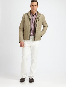 Say goodbye to boring outerwear options in this modern update with double-zip detail, incredibly shaped in metallic cotton twill.Zip frontStand collarSnap button placketChest welt, side slash pocketsAbout 26¼ from shoulder to hem52% cotton/44% nylon/4% metalDry cleanImported Say goodbye to boring outerwear options in this modern update with double-zip detail, incredibly shaped in metallic cotton twill.Zip frontStand collarSnap button placketChest welt, side slash pocketsAbout 26¼ from shoulder to hem52% cotton/44% nylon/4% metalDry cleanImported