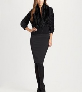 Rich cable knit is given the added luxe of a plush dyed rabbit fur front.Front zipper and hook-and-eye closureRabbit fur frontThree-quarter sleevesRibbed hemAbout 23 from shoulder to hemWoolDry clean by fur specialistImported of Italian fabricFur origin: ChinaModel shown is 5'11 (180cm) wearing US size Small.