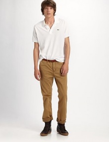 A modern take on steadfast chinos, with a sleek, slim fit, a little stretch for shape and a rugged belt.Waistband with hidden close, belt loops and belt Zip fly Side-seam pockets Back besom pockets Slim through the leg 98% cotton/2% elastane Machine wash Imported
