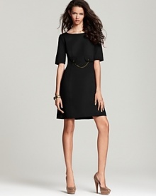 Gold chain detail lends stylish flair to Trina Turk's ponte dress--chic for work and just as perfect for dinner. Gleaming accents complement the look, complete with towering platforms. Gold chain detail lends stylish flair to Trina Turk's ponte dress--chic for work and just as perfect for dinner. Gleaming accents complement the look, complete with towering platforms.