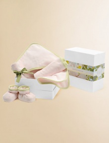 A set that's sure to delight a new mom in pure, organic terry packaged in a reusable gift box. Set includes baby hooded towel, multi-use cloth, baby washcloth and a pair of booties. Towel, 30 square Multi-use cloth, 16 X 30 Washcloth, 9 square Booties, 0-6 months Organic cotton terry velour with cotton knit binding; machine wash Imported A set that's sure to delight a new mom in pure, organic terry packaged in a reusable gift box. Set includes baby hooded towel, multi-use cloth, baby washcloth and a pair of booties. Towel, 30 square Multi-use cloth, 16 X 30 Washcloth, 9 square Booties, 0-6 months Organic cotton terry velour with cotton knit binding; machine wash Imported