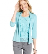 This ELementz' petite top is a two-for-one affair! A shawl-collar cardigan is attached to a lace ruffled inset for a charming look.