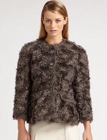 Plush faux fur, tailored with chic, cropped sleeves and a button front.Jewel necklineThree-quarter sleevesButton frontAbout 23 from shoulder to hem69% mohair/31% cottonDry cleanMade in Italy of imported fabricModel shown is 5'10 (177cm) wearing US size 4. Plush faux fur, tailored with chic, cropped sleeves and a button front.Jewel necklineThree-quarter sleevesButton frontAbout 23 from shoulder to hem69% mohair/31% cottonDry cleanMade in Italy of imported fabricModel shown is 5'10 (177cm) wearing US size 4.
