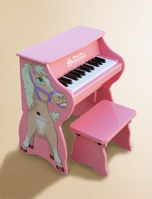 An adorable toddler piano sits on the ground and can easily be raised into an upright as a child grows. For ages 3 and up Horse decoration on one side Makes chime-like piano sounds Songbook included with classic songs Keys spaced to teach proper finger placement Removable color-coordinated strip guides small fingers from chord to chord Hardwood/hardboard 17W X 10¾H X 10½D Imported