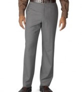 A clean silhouette and comfortable fit make this flat-front dress pant an instant classic. Woven in superfine all season natural stretch fabric to move with you. Engineered stretch waistband expands up to 2 inches for comfort.  Teflon coating for stain resistance. Lined to knee. On-seam pockets. Button-through back pockets.