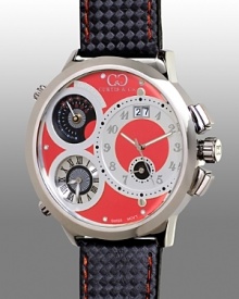 With a sophisticated red and polished stainless steel dial, featuring three time zones, a date display and a temperature gauge, this watch keeps you cool--and in the know. With a sophisticated red and polished stainless steel dial, featuring three time zones, a date display and a temperature gauge, this watch keeps you cool--and in the know.
