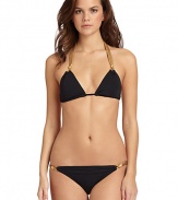 THE LOOKContrast braided halter straps tie at neckTextured golden bead accentsAdjustable padded triangle cupsBack tie closureTHE MATERIAL87% nylon/13% spandexFully linedCARE & ORIGINHand washImportedPlease note: Bikini bottom sold separately. 