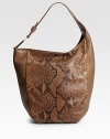 Python skin and leather shoulder bag with stirrup detail and light goldtone hardware strap.Non-adjustable shoulder strap, 8½ drop Top zip closure Inside zip, cell phone and PDA pockets Linen lining 15¾W X 22H X 8D Made in Italy