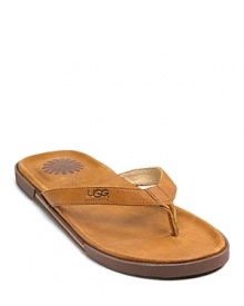 Leather insole wrapped in cushiony foam with TPU rubber outsole. Simple, casual thong sandals in leather. Leather insole wrapped in cushiony foam with TPU rubber outsole. Simple, casual thong sandals in leather.