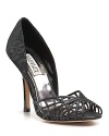 An intricate cage of woven leather provides elegant contrast to classic brocade on these shapely sandals from Badgley Mischka.