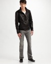 Take a fresh look at the classic leather jacket with this new style, crafted in washed leather with a zip-out hood and rib-knit detail along the shoulders and hem. Zip front Zip-out hood Side zip pockets Fully lined About 26 from shoulder to hem Leather Dry clean Imported 