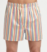 Remarkably soft cotton with fine multicolored stripes and an adjustable waist for added comfort.Two-button elastic waistbandInseam, about 3½CottonMachine washImported
