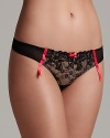 Feel the temperature rise with this black mesh and rose embroidered thong with contrasting hot pink bow and ribbon.