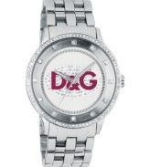 A splash of color works perfectly on a gorgeous crystal-embellished watch by D&G. Stainless steel case and link bracelet. Sparkling crystal-accented bezel and silvertone dial with red crystal-studded logo. Three-hand, quartz movement. Water resistant to 30 meters.