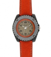 Keep Mother Nature happy and proudly wear one of her finer creations: this watch by Sprout crafted from at least 86% eco-friendly materials. Tangerine organic cotton strap with gray stitching and black corn resin case. Gray corn resin sport bezel engraved with numerals. Natural bamboo dial features tangerine corn resin reflector ring, printed numerals and stick indices, luminous minute and hour hands, white sweeping second hand and logo. Quartz movement. Limited lifetime warranty.